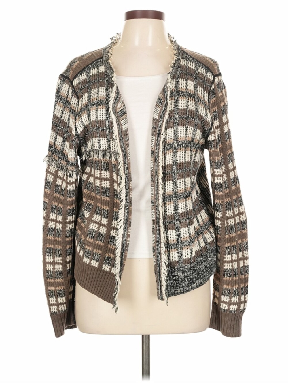 CAbi Plaid Frayed-Trim Cardigan Large